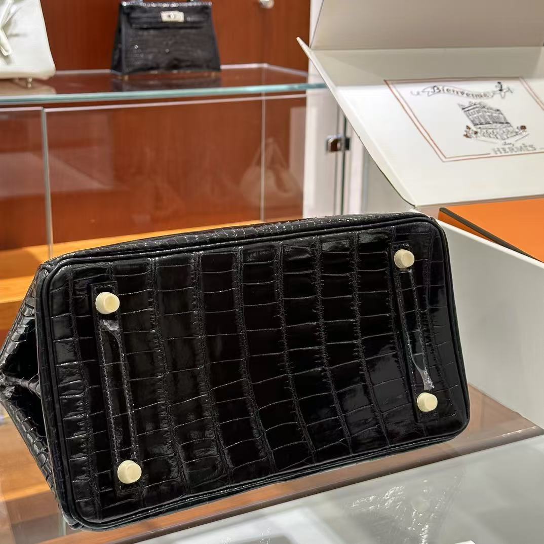 H*M Birkin 30 Bag Black Shiny Crocodile Leather GHW (12 days of production)