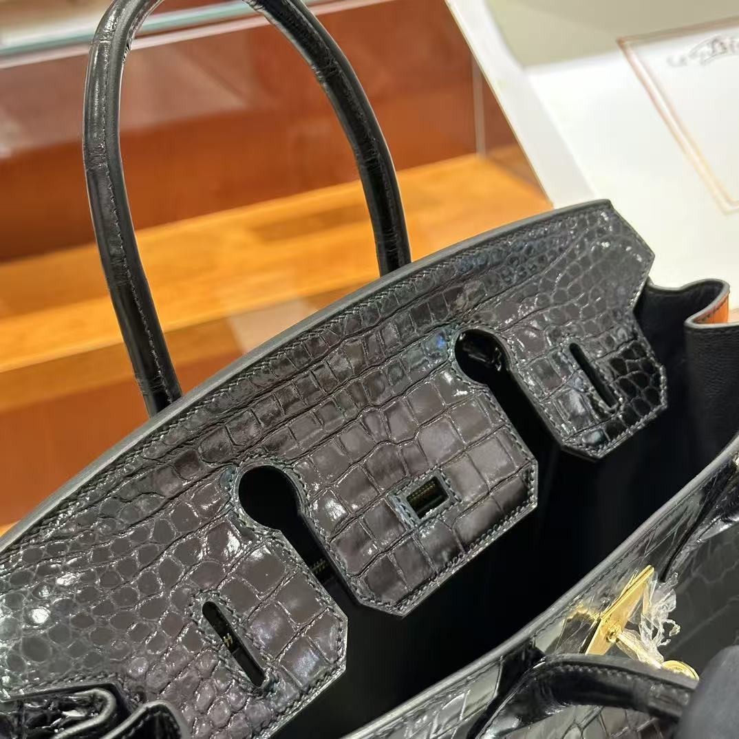 H*M Birkin 30 Bag Black Shiny Crocodile Leather GHW (12 days of production)
