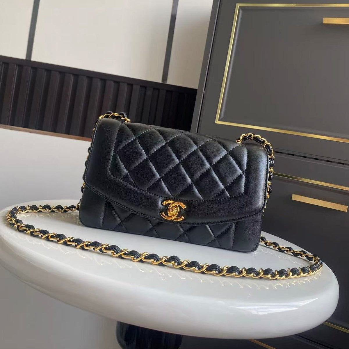 C*C Small Diana Flap Bag Black Lambskin GHW