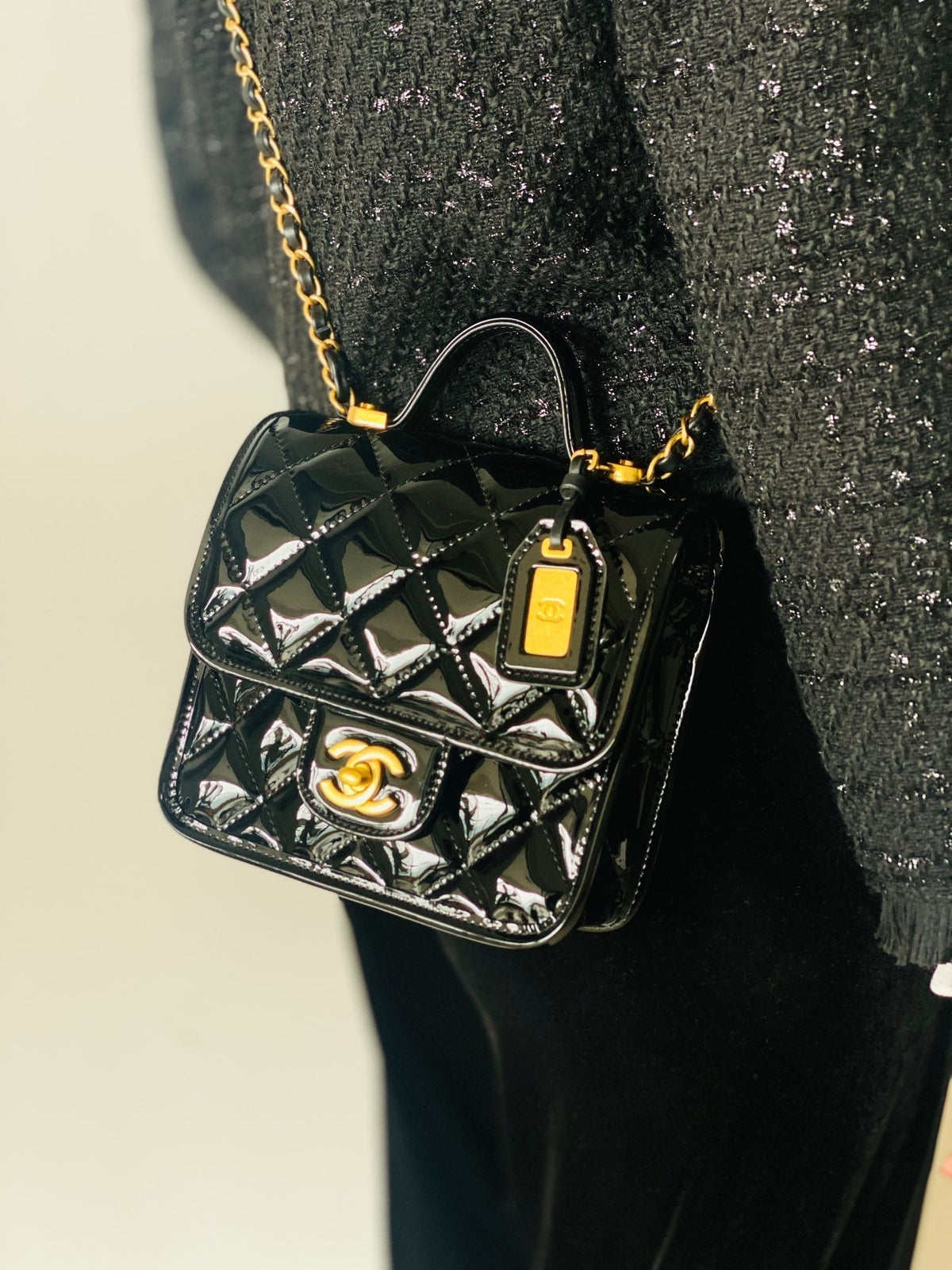 C*C 2025 Medium Flap Bag Black Patent Calfskin