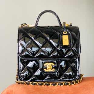 C*C 2025 Medium Flap Bag Black Patent Calfskin