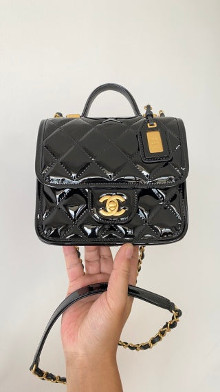 C*C 2025 Medium Flap Bag Black Patent Calfskin