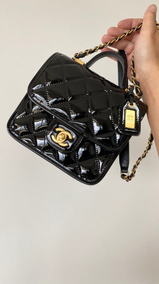 C*C 2025 Medium Flap Bag Black Patent Calfskin