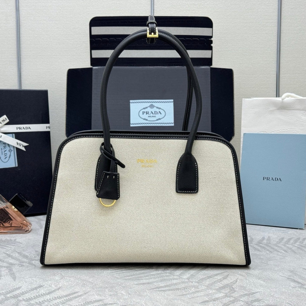Pr*da Linen Tote Bag Soft Grain Leather & Canvas