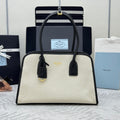 Pr*da Linen Tote Bag Soft Grain Leather & Canvas