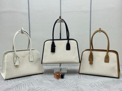 Pr*da Linen Tote Bag Soft Grain Leather & Canvas