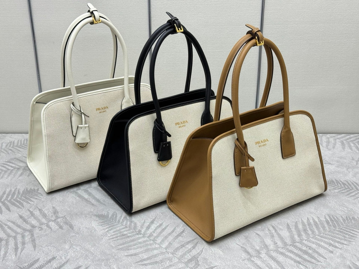 Pr*da Linen Tote Bag Soft Grain Leather & Canvas