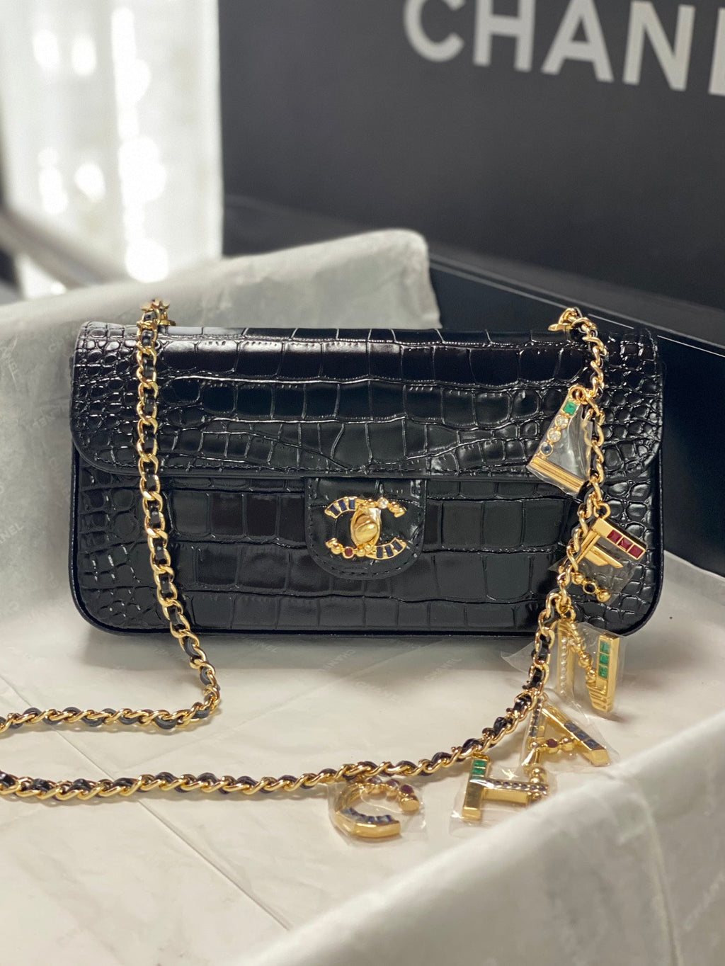 Ch*ne 2026 Gemstone encrusted Double C Bag Calfskin