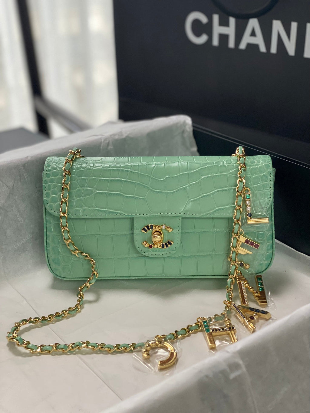 Ch*ne 2026 Gemstone encrusted Double C Bag Calfskin