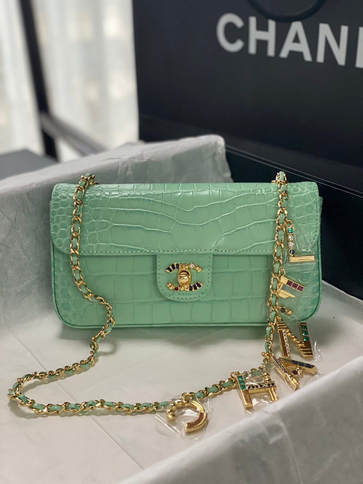 Ch*ne 2026 Gemstone encrusted Double C Bag Calfskin