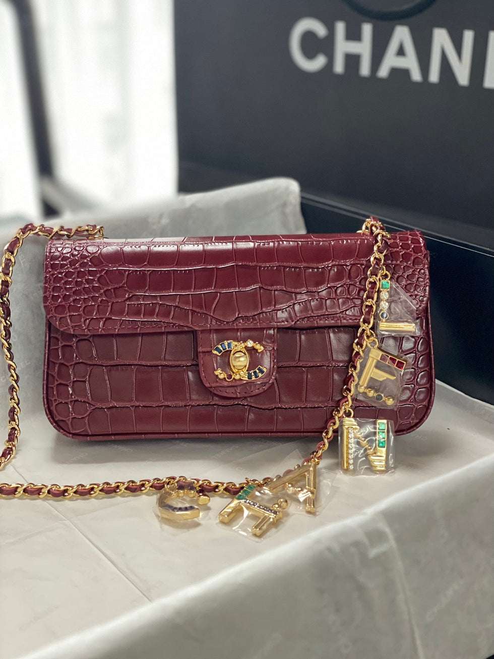 Ch*ne 2026 Gemstone encrusted Double C Bag Calfskin