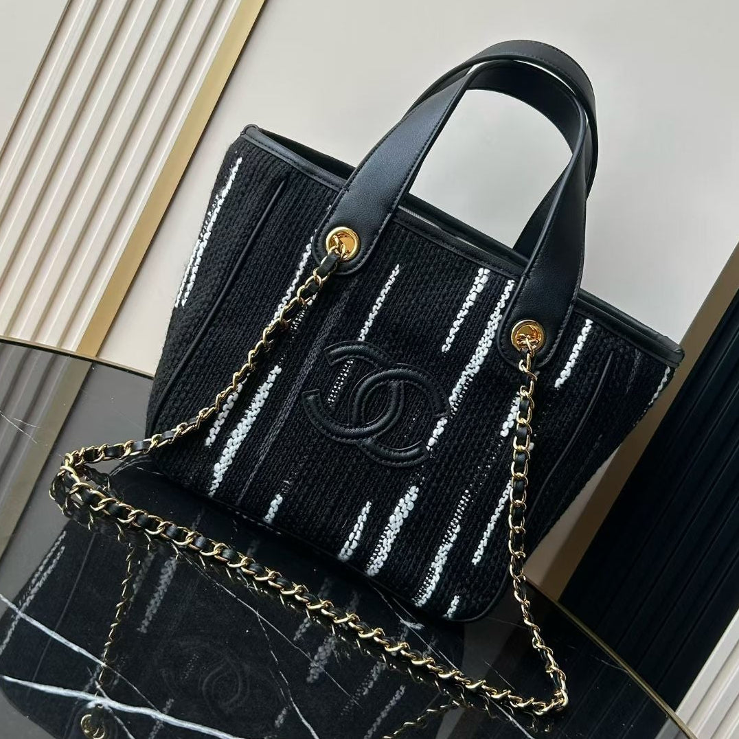 Ch*nel 2026 Double C Tote Bag 36cm Black White Canvas Leather