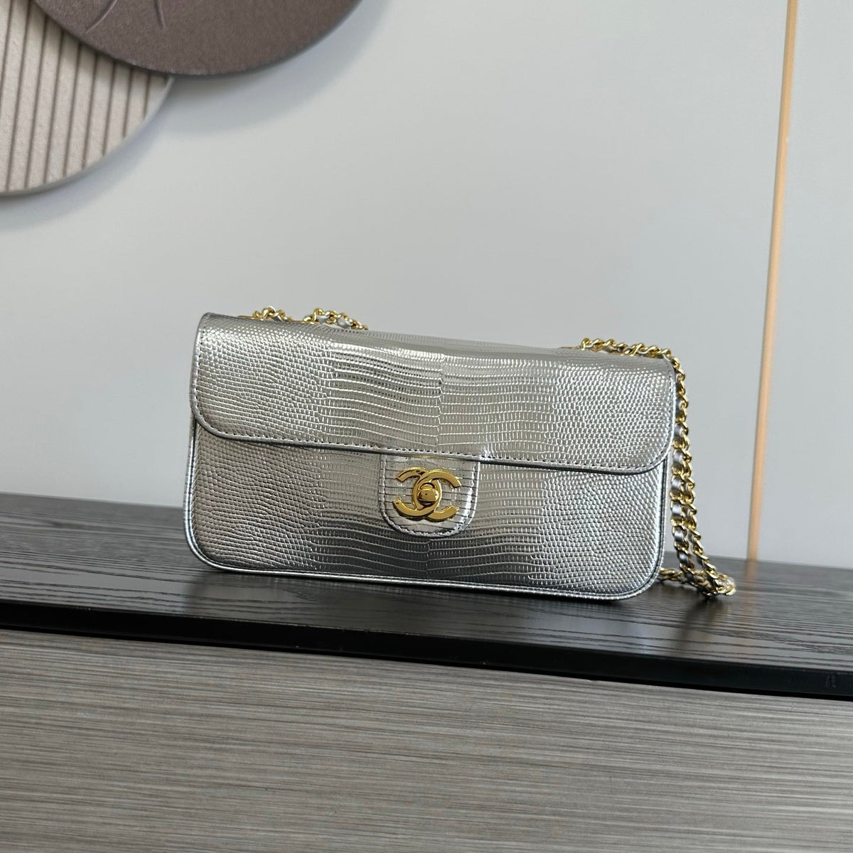 C*C 26B Flap Bag Metallic Lizard Embossed Cowhide