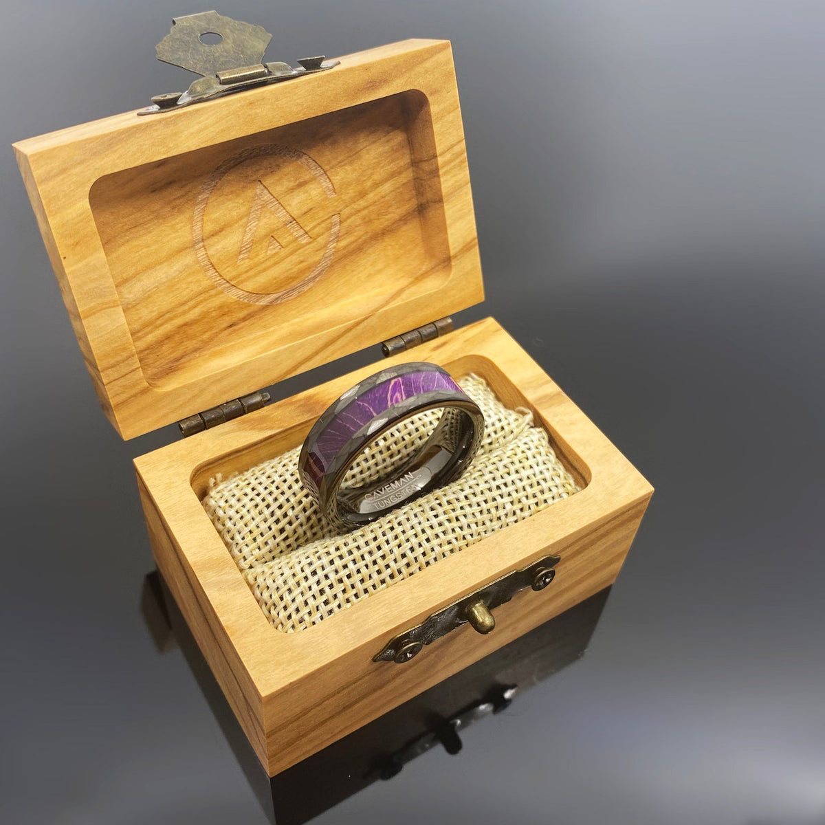 Couples Set: Royal Purple Box Elder Wood Gunmetal Hammered Tungsten ring