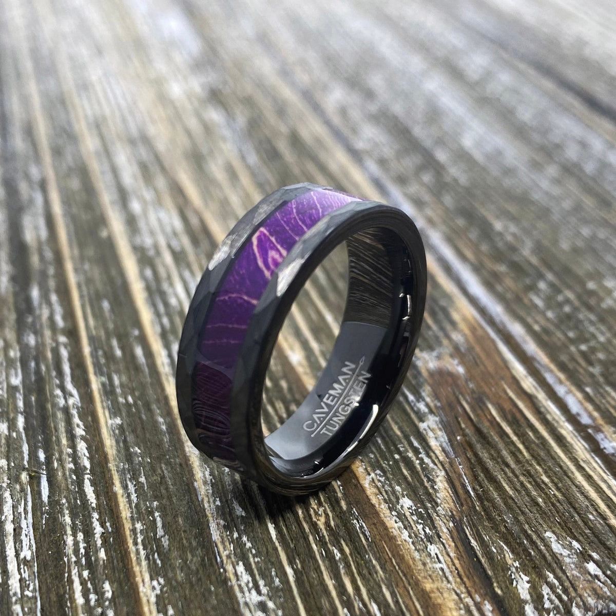 Couples Set: Royal Purple Box Elder Wood Gunmetal Hammered Tungsten ring