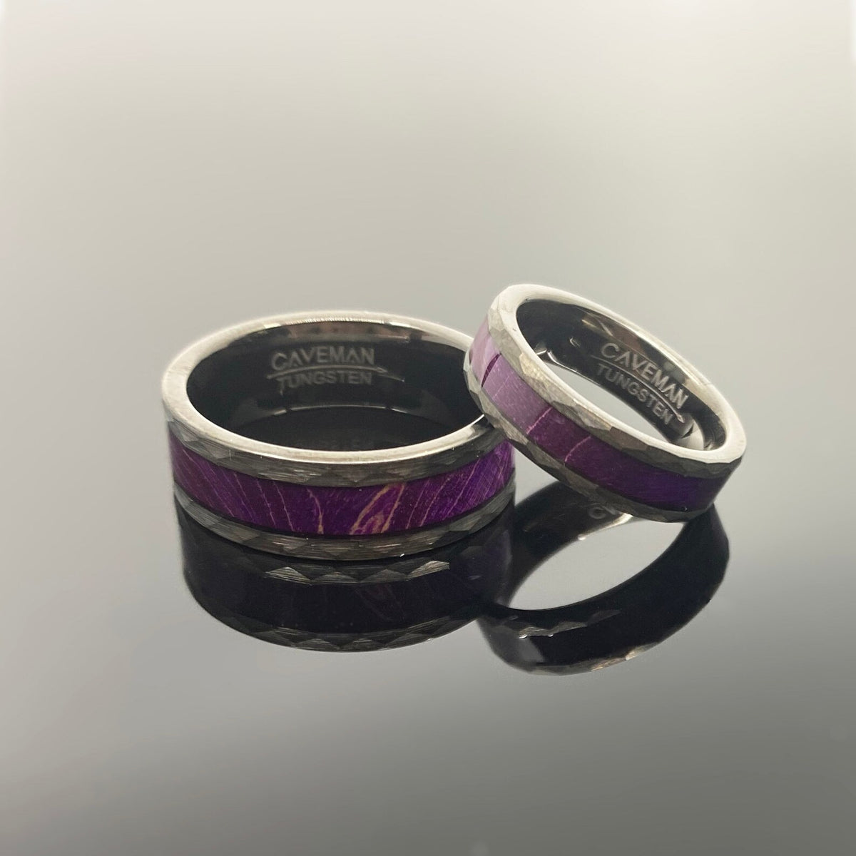 Couples Set: Royal Purple Box Elder Wood Gunmetal Hammered Tungsten ring