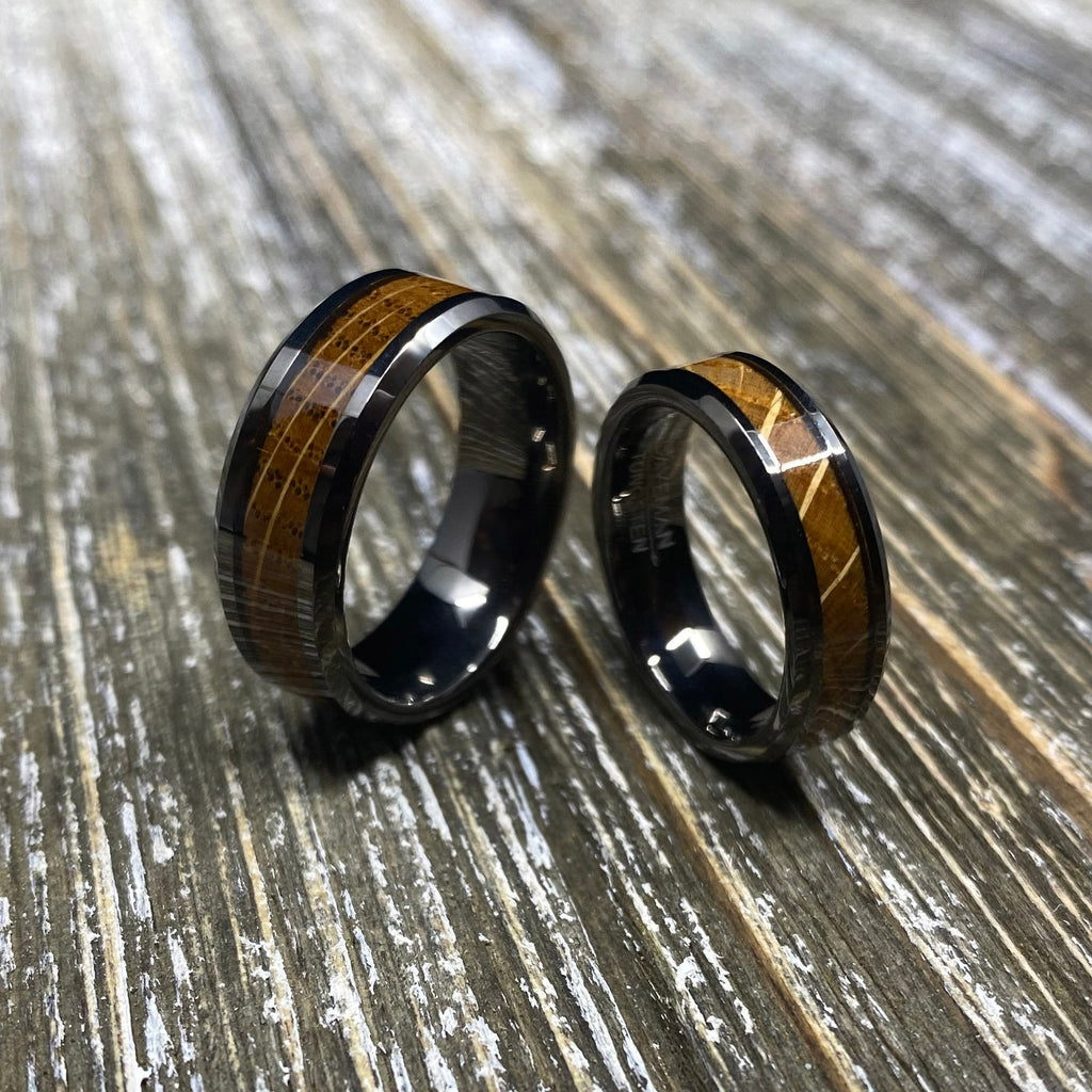 Couples Set Whiskey Barrel Gunmetal Tungsten Wedding Band with White Oak Ring Inlay