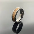 Smooth Whiskey Barrel Bevelled Gunmetal Tungsten Wedding Band with White Oak Whiskey Ring sleeve