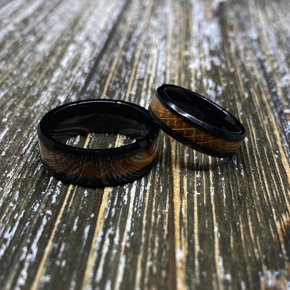 Couples Set Whiskey Barrel Black Tungsten Wedding Band with White Oak Whiskey Ring Inlay