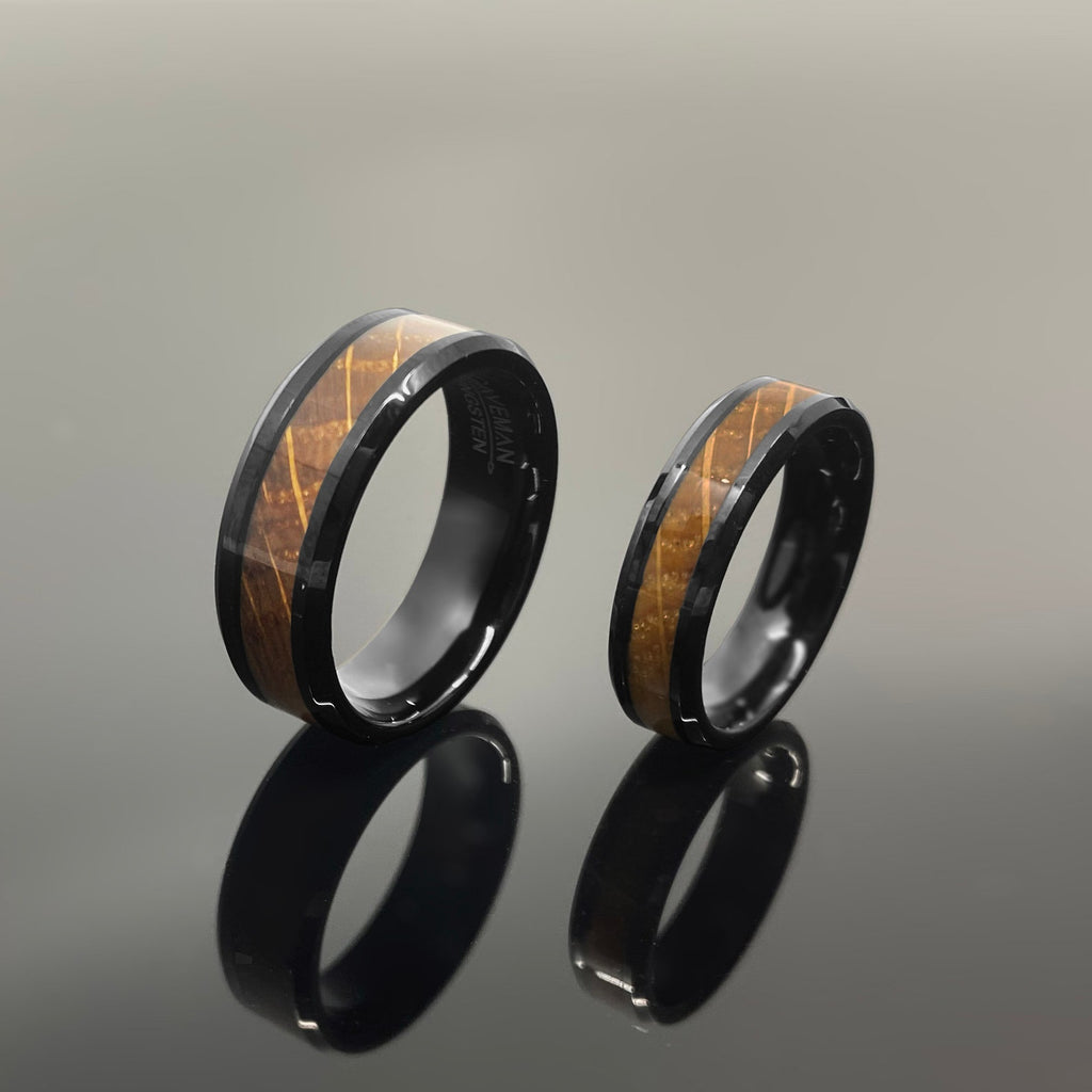 Couples Set Whiskey Barrel Black Tungsten Wedding Band with White Oak Whiskey Ring Inlay