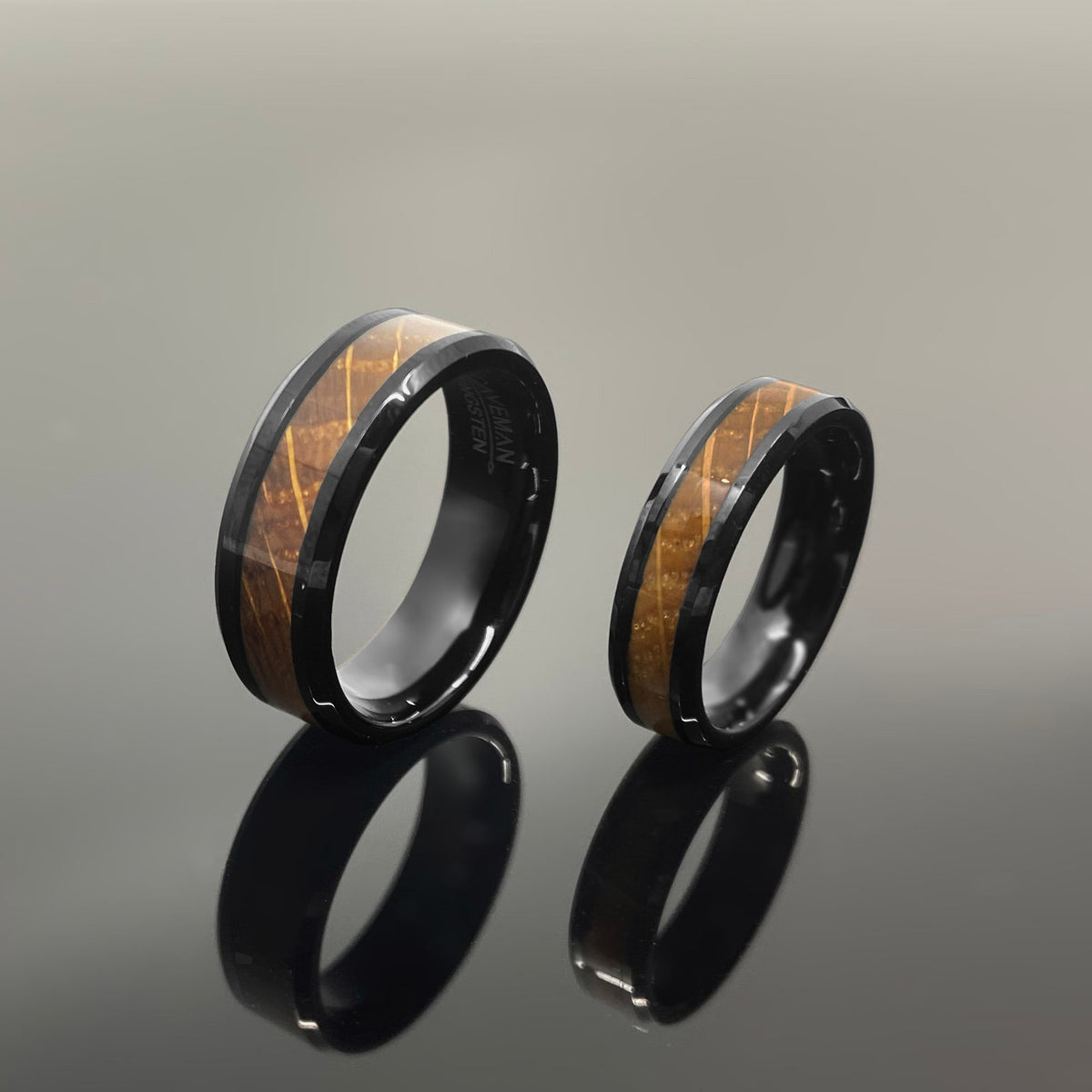 Couples Set Whiskey Barrel Black Tungsten Wedding Band with White Oak Whiskey Ring Inlay
