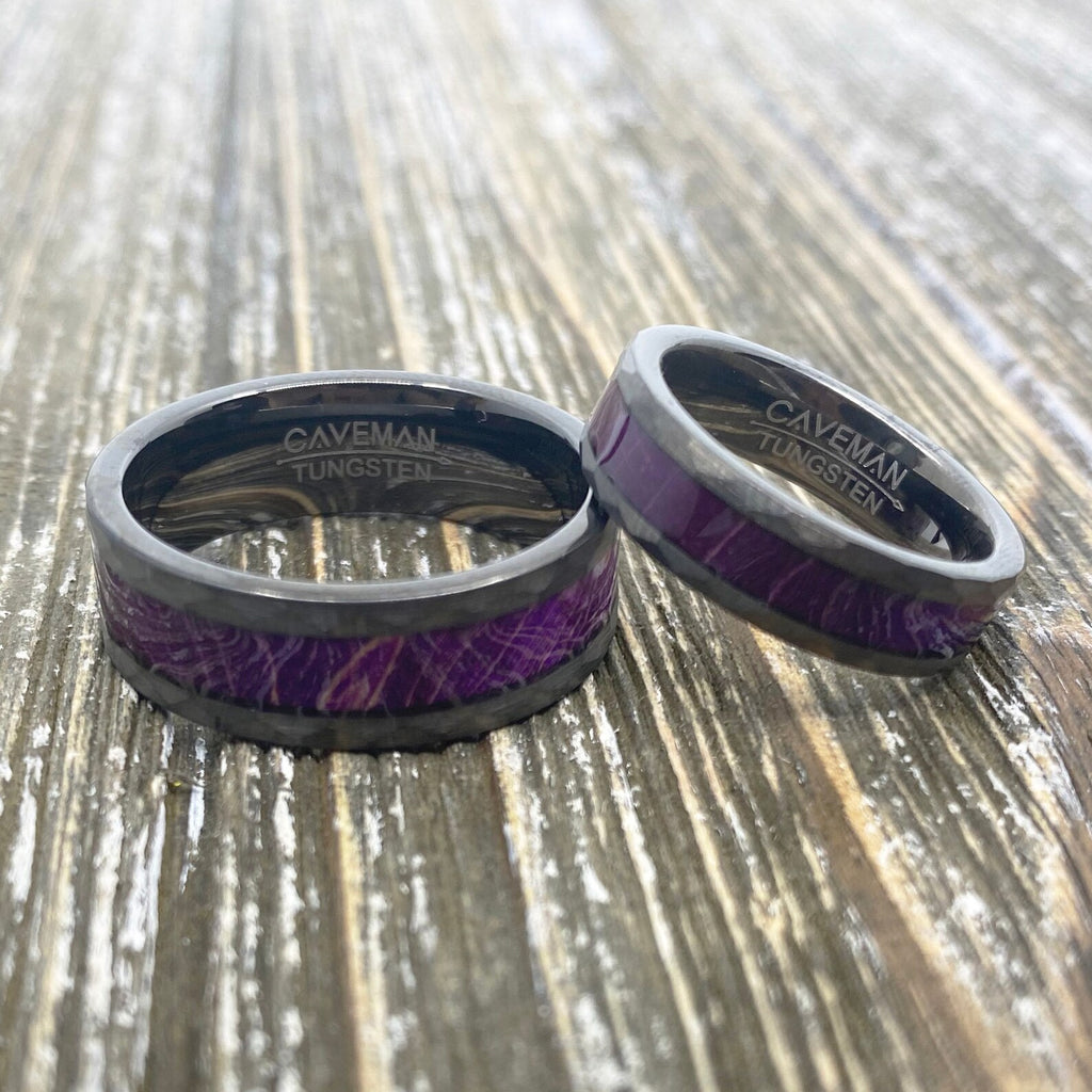Hammered Gunmetal Tungsten Wedding Band: Purple Box Elder Wood Inlay