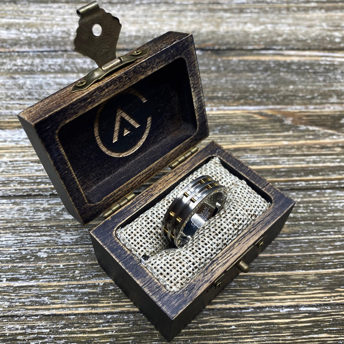 Modern Titanium and brass piston ring wedding band