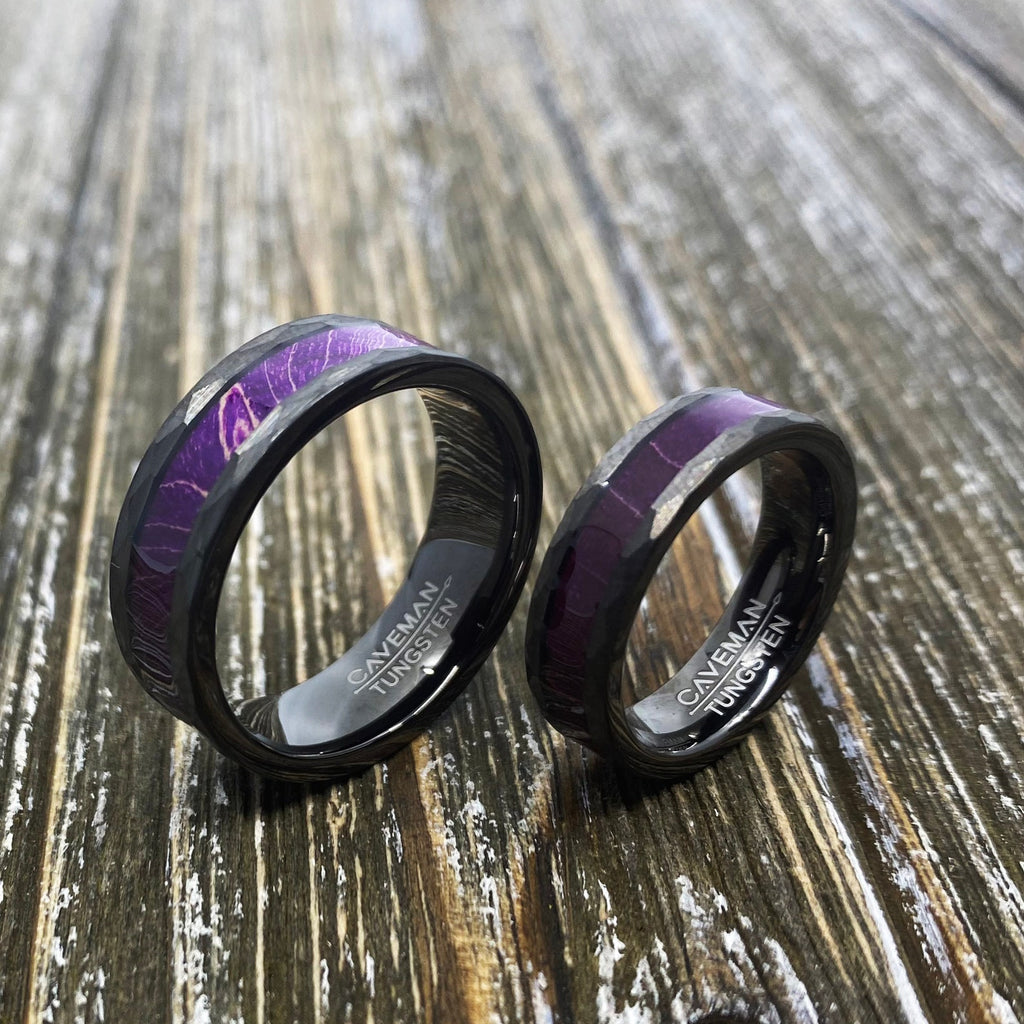 Couples Set: Royal Purple Box Elder Wood Gunmetal Hammered Tungsten ring