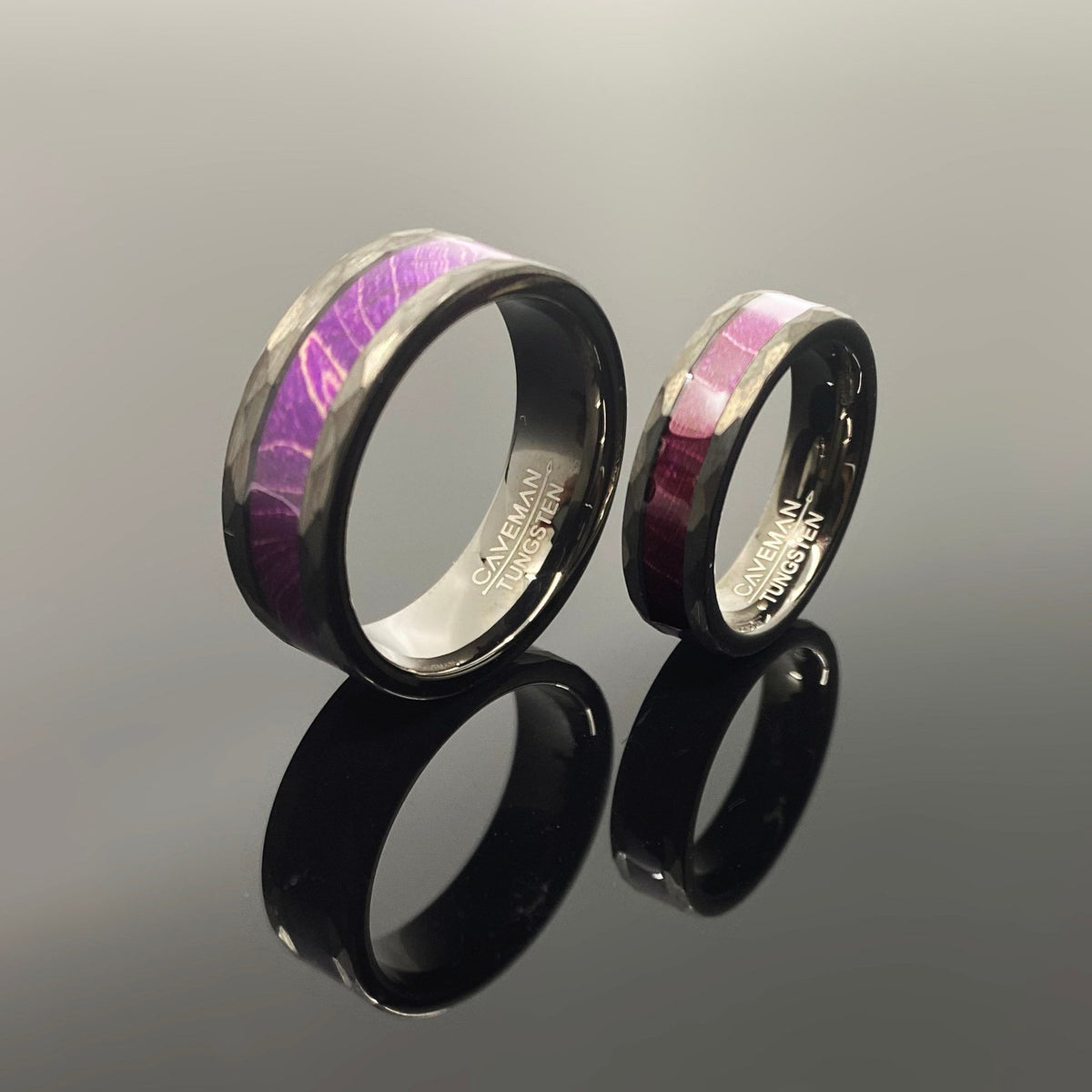 Couples Set: Royal Purple Box Elder Wood Gunmetal Hammered Tungsten ring