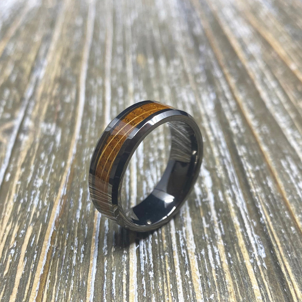 Couples Set Whiskey Barrel Gunmetal Tungsten Wedding Band with White Oak Ring Inlay
