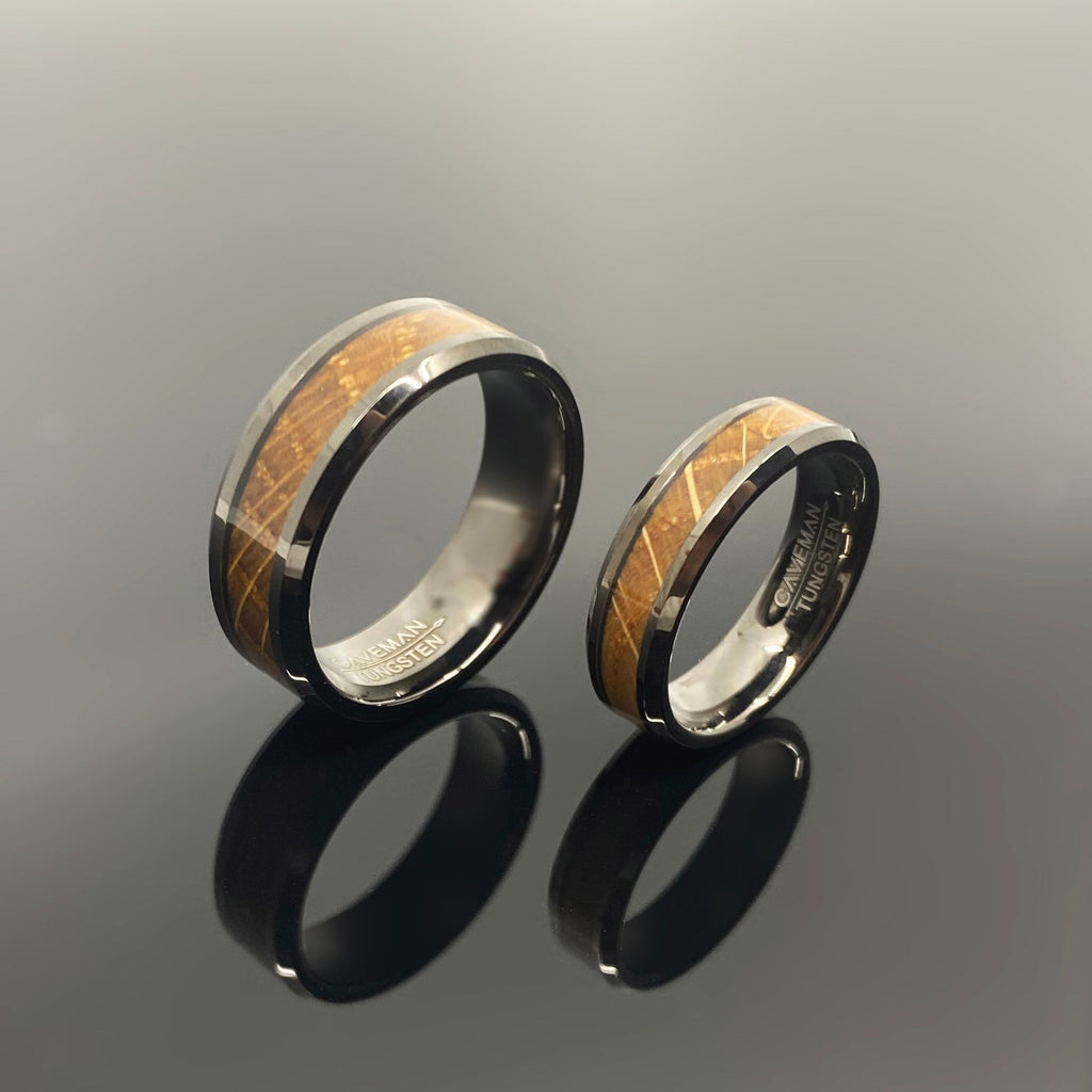 Couples Set Whiskey Barrel Gunmetal Tungsten Wedding Band with White Oak Ring Inlay