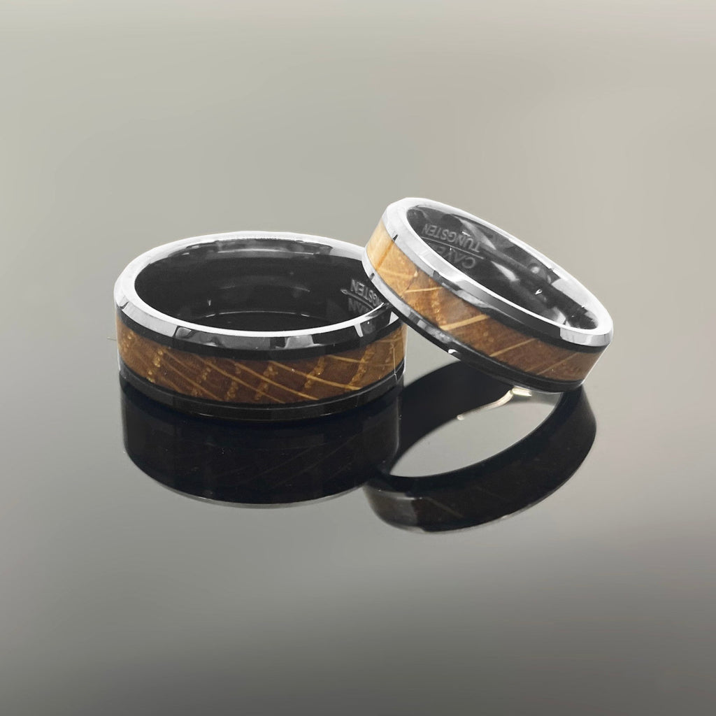 Couples Set Whiskey Barrel Gunmetal Tungsten Wedding Band with White Oak Ring Inlay