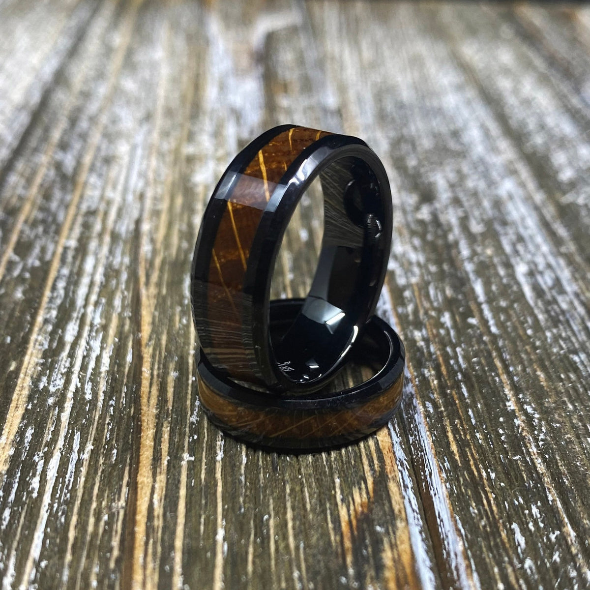 Couples Set Whiskey Barrel Black Tungsten Wedding Band with White Oak Whiskey Ring Inlay