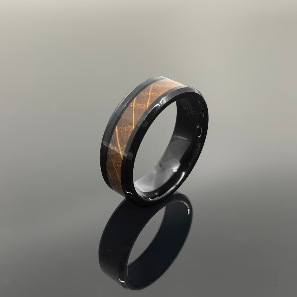 Couples Set Whiskey Barrel Black Tungsten Wedding Band with White Oak Whiskey Ring Inlay
