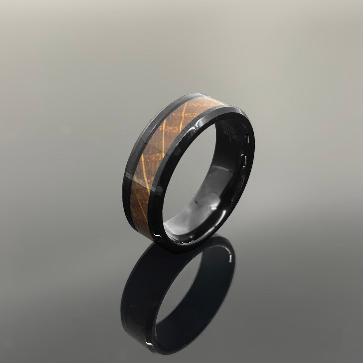 Couples Set Whiskey Barrel Black Tungsten Wedding Band with White Oak Whiskey Ring Inlay