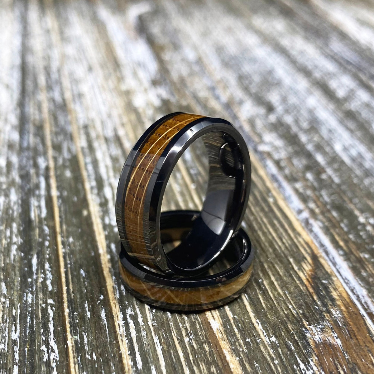 Couples Set Whiskey Barrel Gunmetal Tungsten Wedding Band with White Oak Ring Inlay