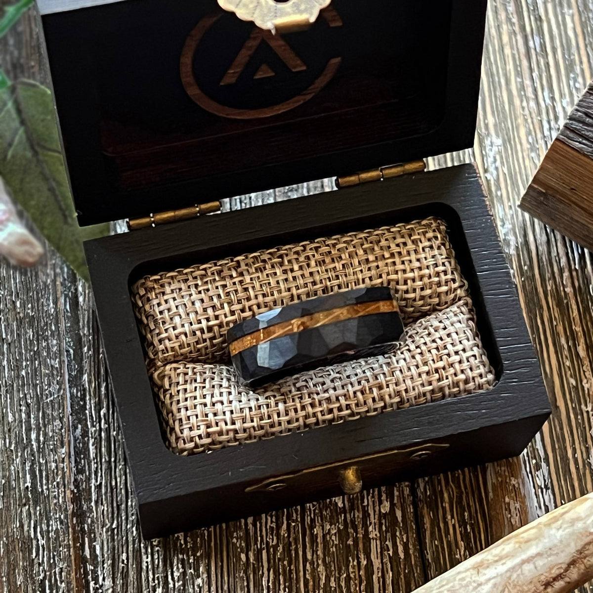 The Warrior Whiskey Barrel Wedding Band: Black Hammered Tungsten Wood Inlay Ring