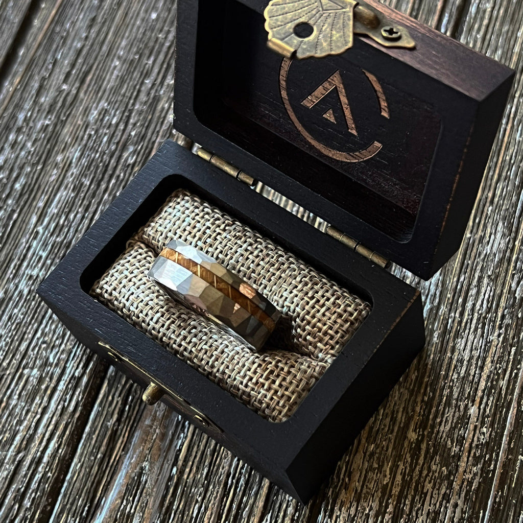 Whiskey Barrel Silver Tungsten Hammered wood wedding ring band