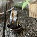 Whiskey Barrel Silver Tungsten Hammered wood wedding ring band