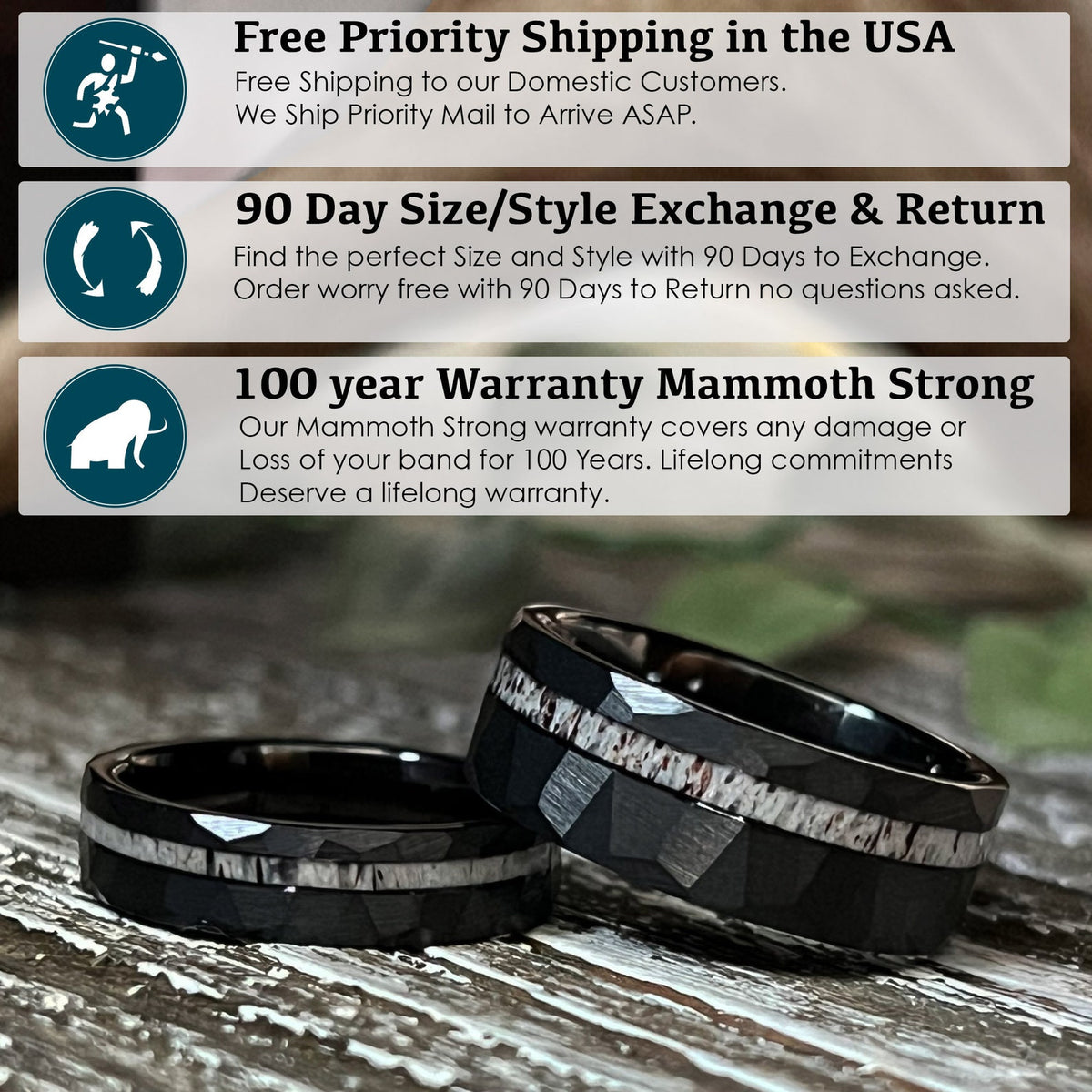 The Dark Elk: Deer antler hammered Tungsten facet wedding ring band