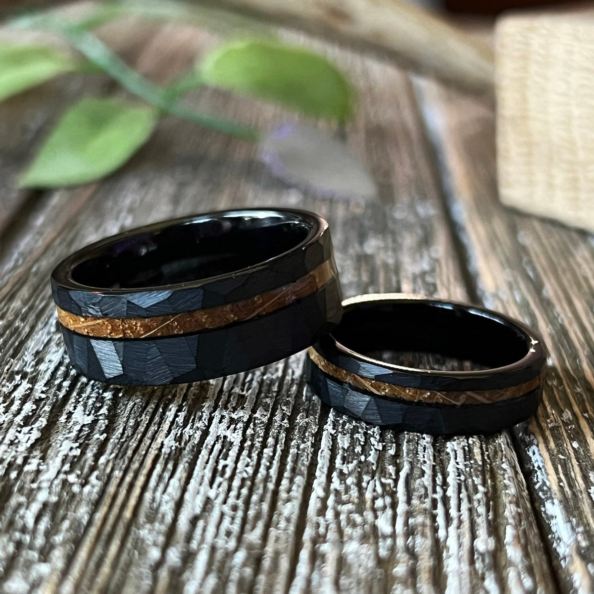 The Warrior Whiskey Barrel Wedding Band: Black Hammered Tungsten Wood Inlay Ring