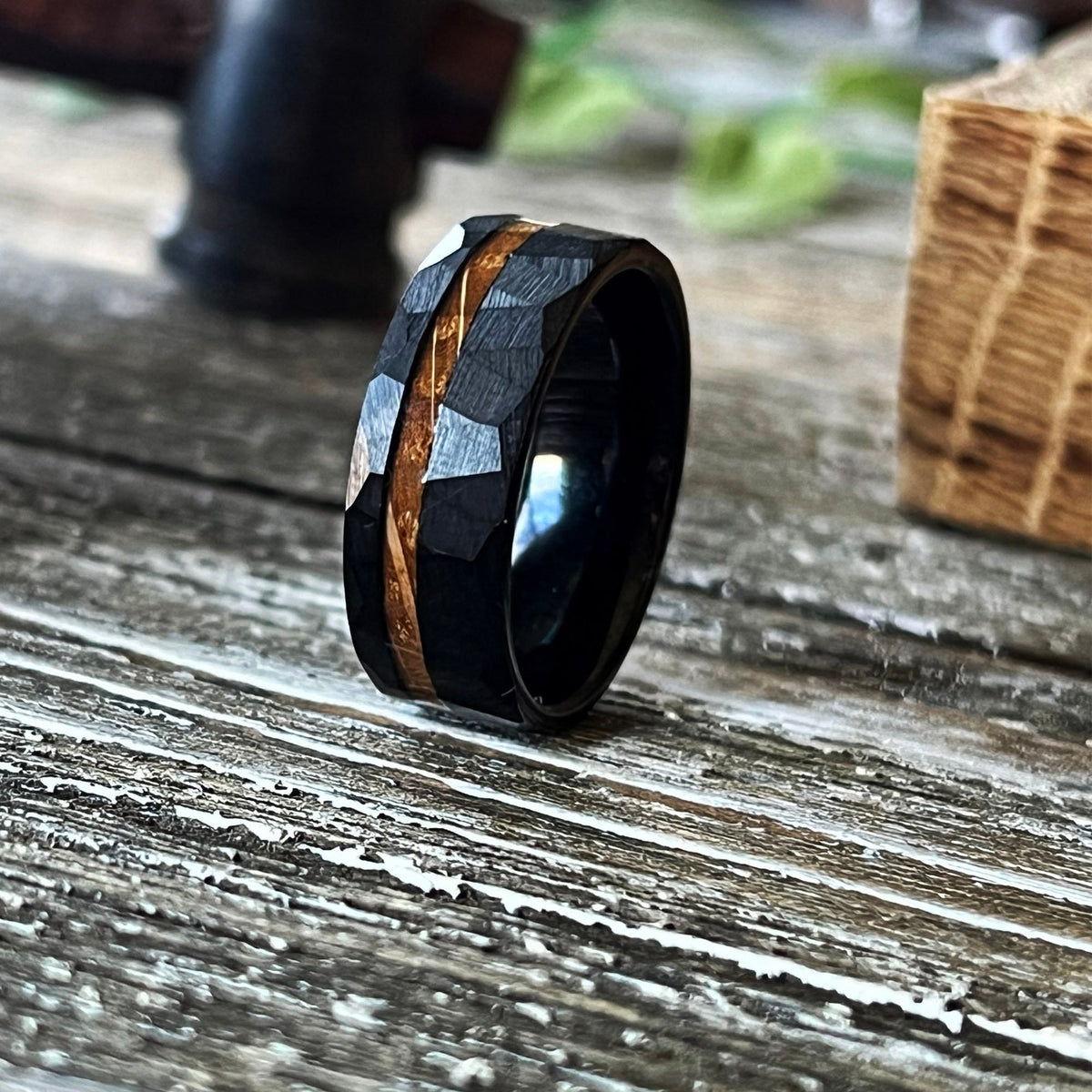 The Warrior Whiskey Barrel Wedding Band: Black Hammered Tungsten Wood Inlay Ring