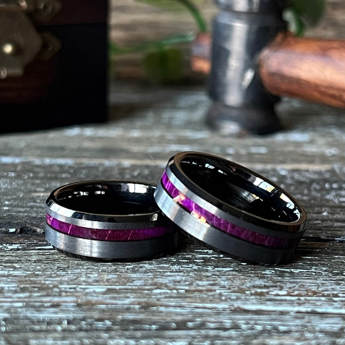 The Prince: Purple Box Elder Wood Beveled Ring Tungsten Gunmetal wedding Band Offset bevel