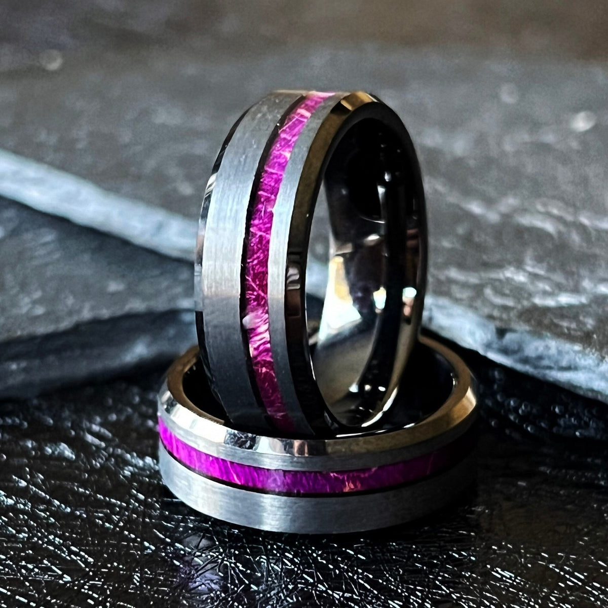The Prince: Purple Box Elder Wood Beveled Ring Tungsten Gunmetal wedding Band Offset bevel