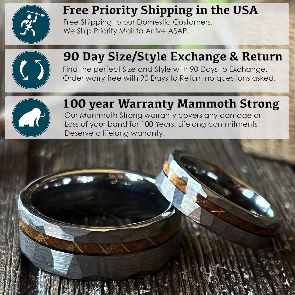 Whiskey Barrel Silver Tungsten Hammered wood wedding ring band