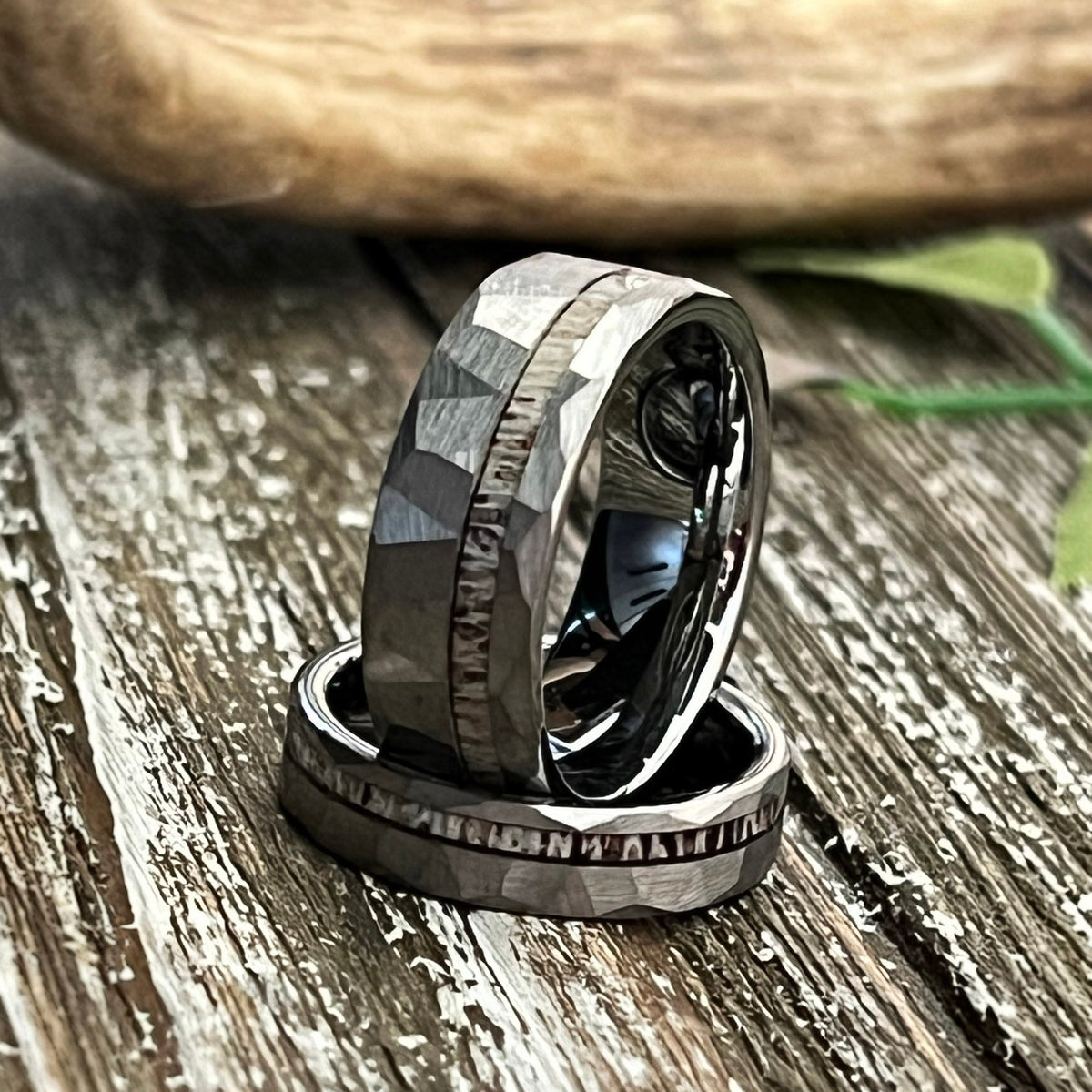 Reclaimed Antler Hammered Tungsten Wedding Band: The Silver Elk Ring