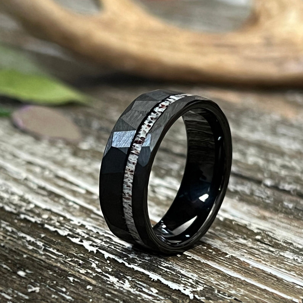 Reclaimed Antler Hammered Tungsten Wedding Band: The Silver Elk Ring