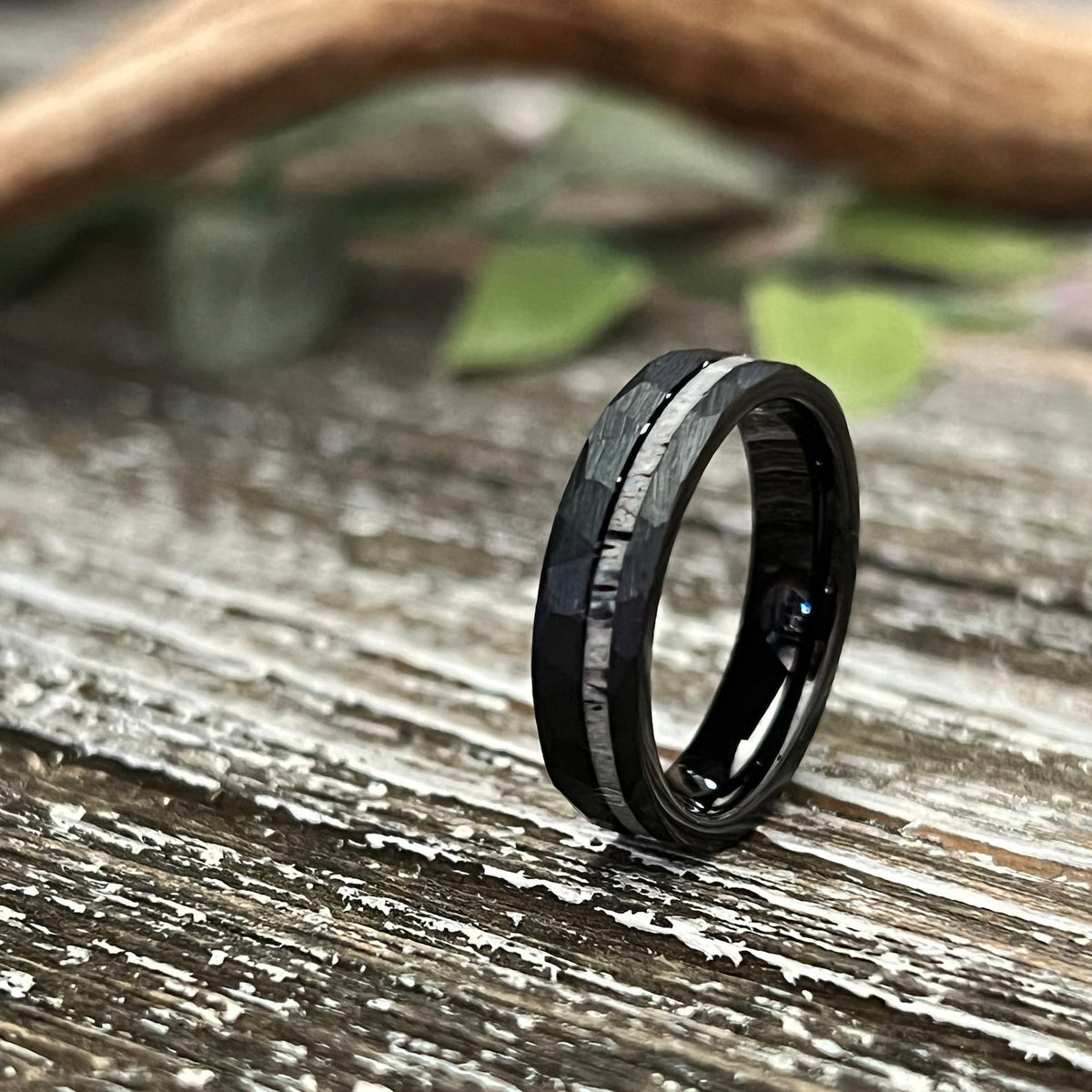 Reclaimed Antler Hammered Tungsten Wedding Band: The Silver Elk Ring