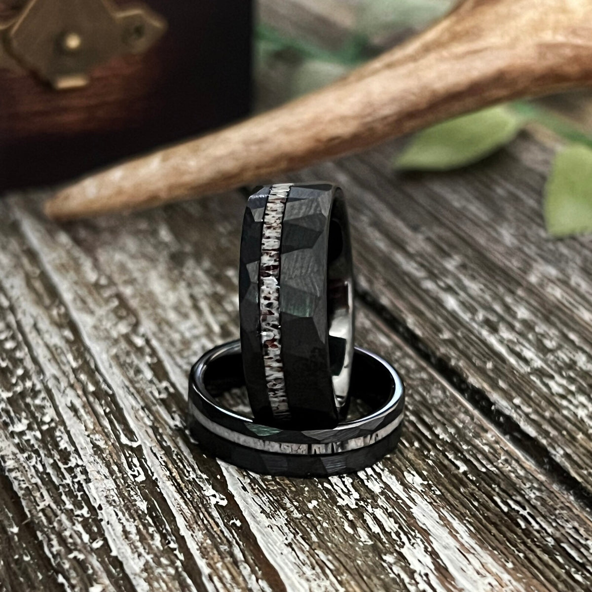 The Dark Elk: Deer antler hammered Tungsten facet wedding ring band