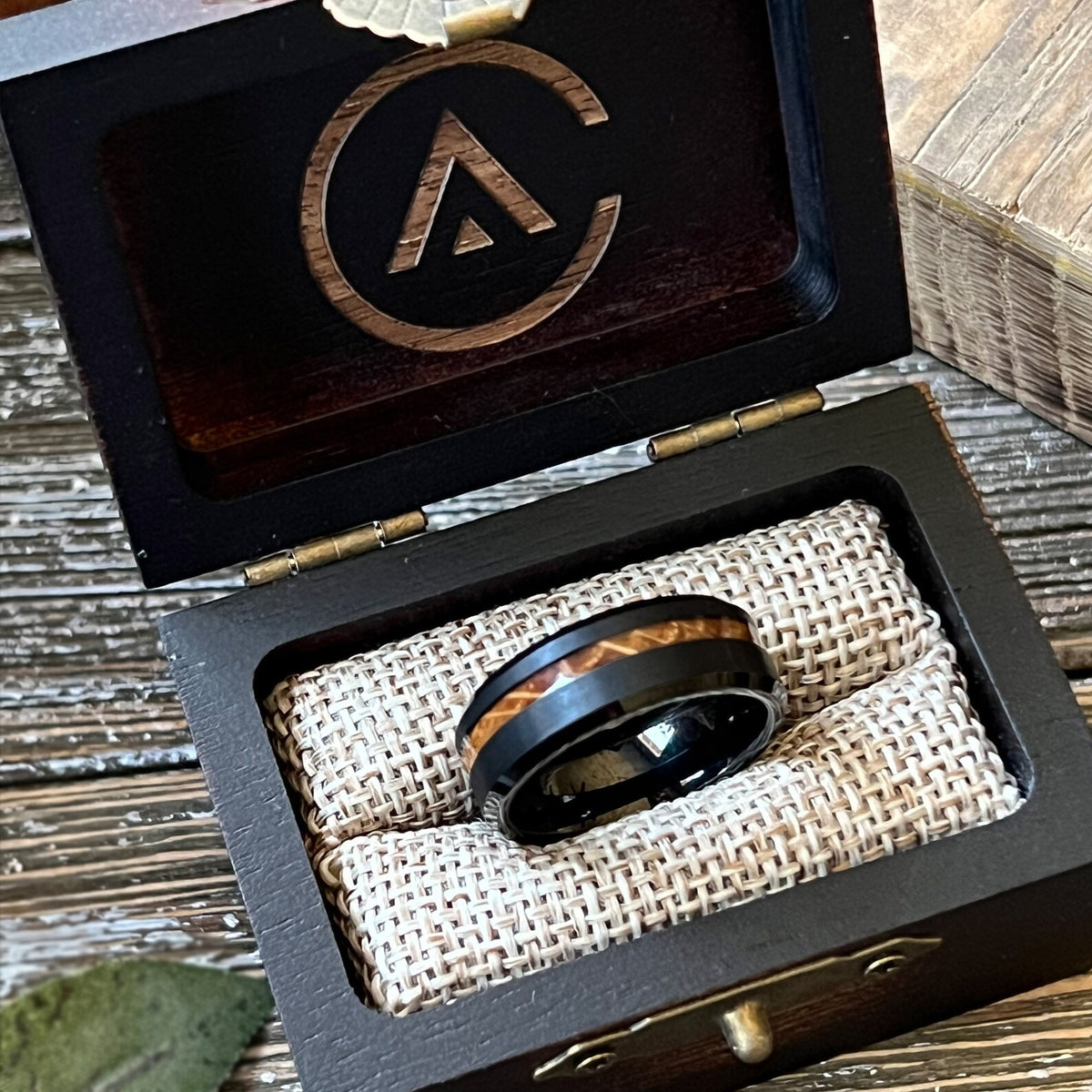 Whiskey Barrel Tungsten Wedding Band: Beveled Inlay Ring